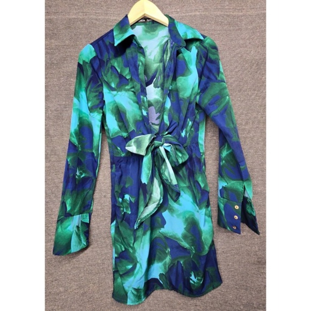 SHEIN Green Blue Floral Tie‎ Front Long Sleeve Mini Shirt Dress Small US 4